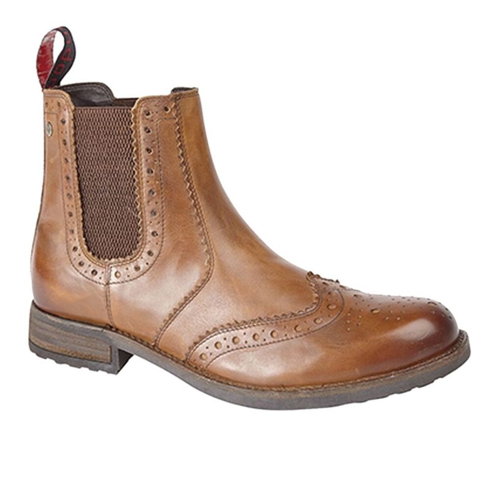 Roamers Mens Softie Leather Twin Gusset Brogue Ankle Boots / Tan